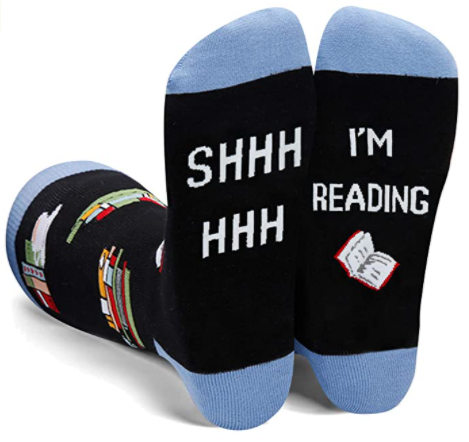 shh i'm reading bookish socks for book lovers. Makes a great gift for book nerds and readers