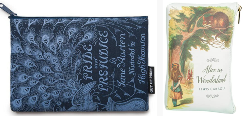 Pride and Prejudice pouch and Alice in Wonderland clutch purse gifts for book lovers. good gift to give with a book
what to get for a bookworm